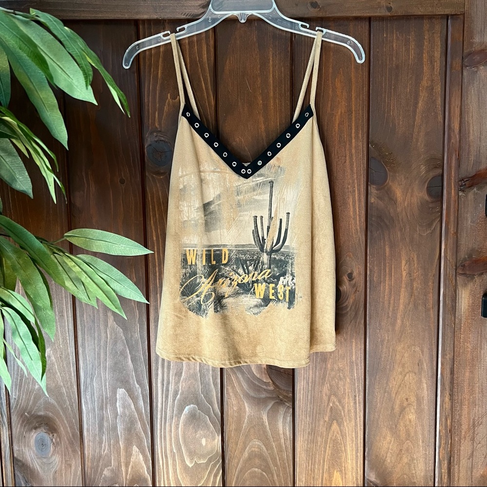 Wild West Arizona Desert Brown Tan Faux Suede Graphic Tank Top
